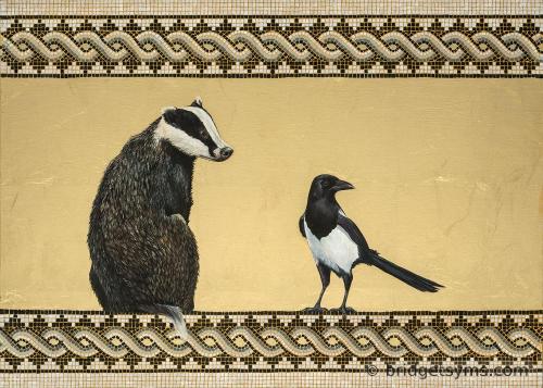 painting of magpie and badger gold leaf and mosaic