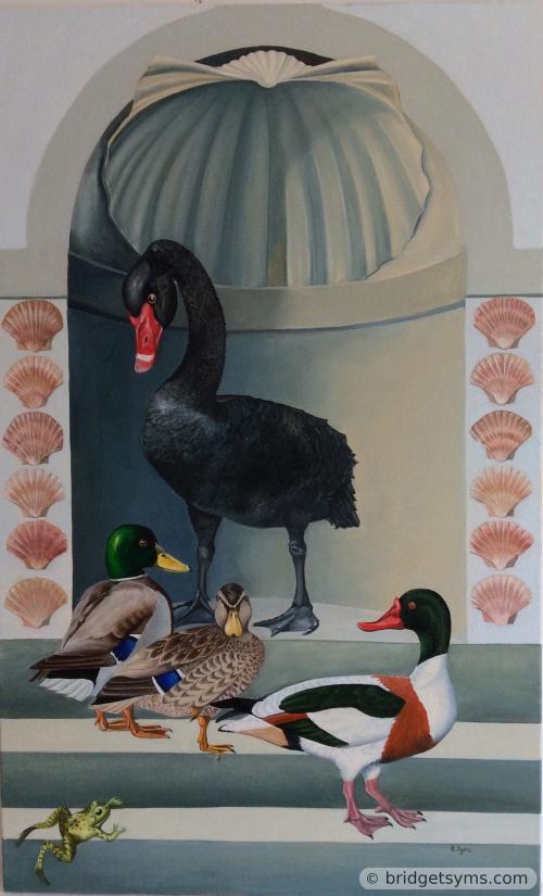 Black swan with mallards
