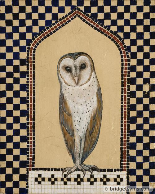 Barn owl on gold ground with mosaic
