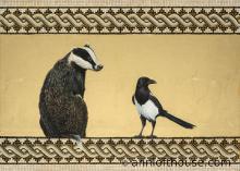 painting of magpie and badger gold leaf and mosaic
