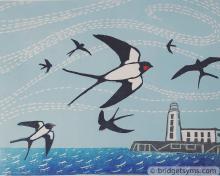 Linocut swallows over the Sea
