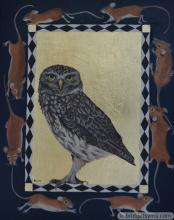 Short eared owl and mice on gold leaf 