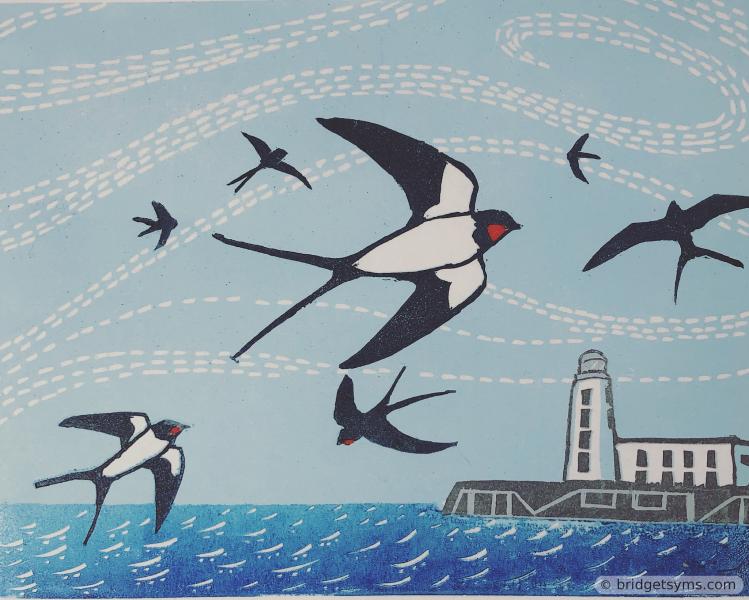 Linocut swallows over the Sea