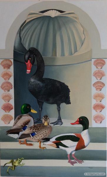 Black swan with mallards