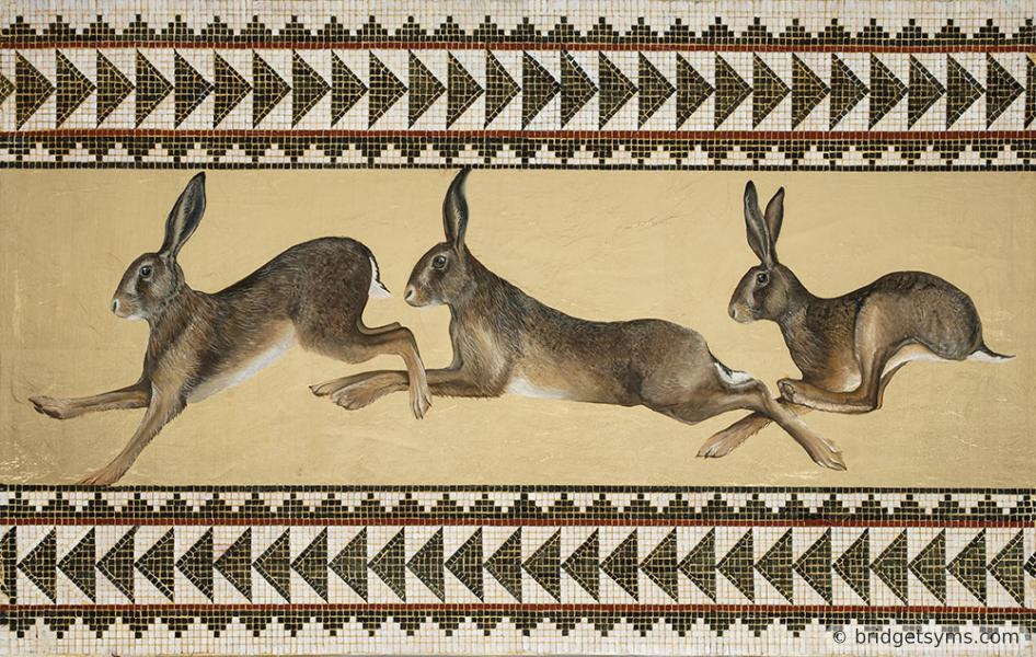 three hares running on gold leaf and mosaic