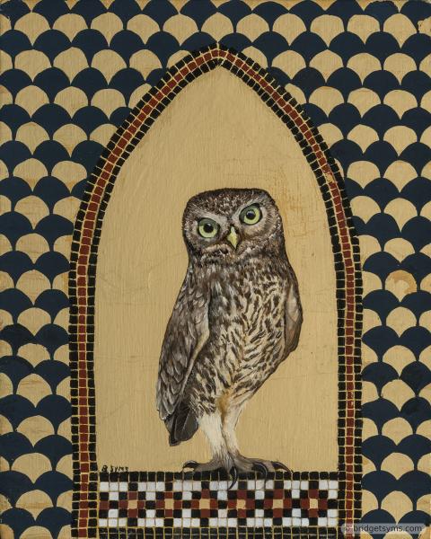 little owl on gold leaf with mosaic