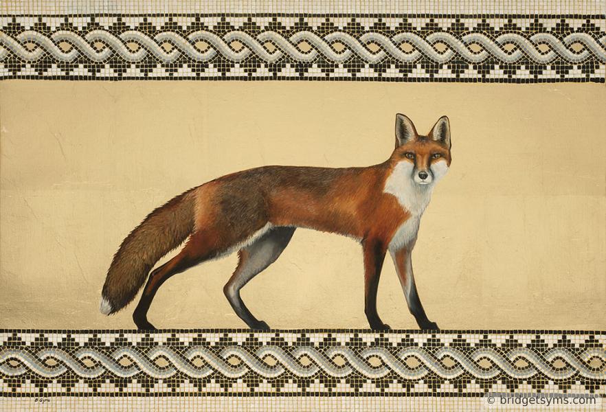 Red fox against gold leaf and mosaic