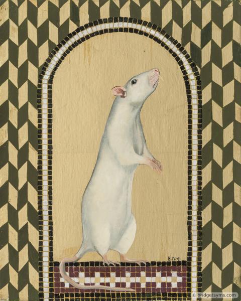 white fancy rat on gold leaf with mosaic